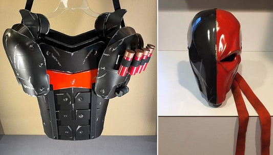 Deathstroke Arkham Origins set: Full chest armor, neck armor, mask and shoulders with shotgun shells. Gunmetal Fire Orange