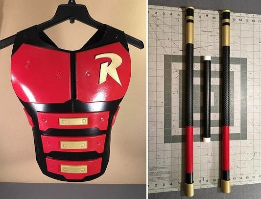 Robin 2-piece set: chest armor & matching Bo staff Crimson Red Matte Black Pure Gold